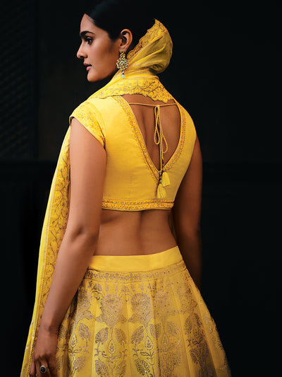 Woven Yellow Viscose Silk Hand Work Embroidered Semi-Stitched Lehenga Choli