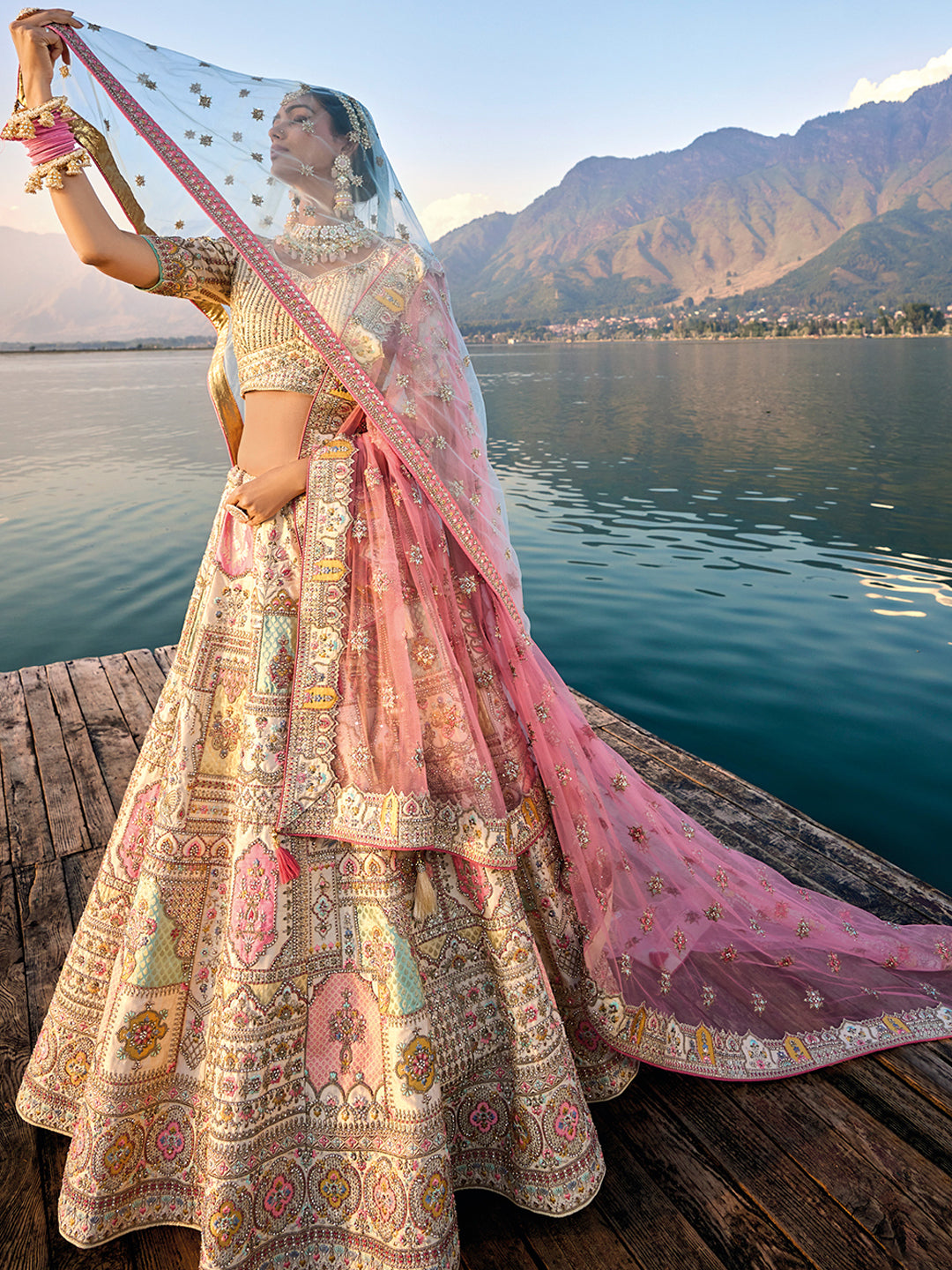 Off-White Banarasi Silk Hand Work Embroidered Bridal Semi Stitched Lehenga with Single Peach Color Dupatta