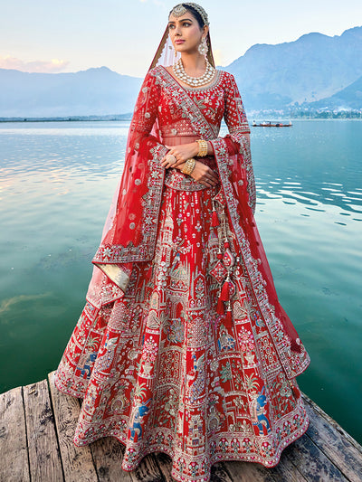 Red Silk Hand Work Embroidered Bridal Semi Stitched Lehenga with Single Red Color Dupatta