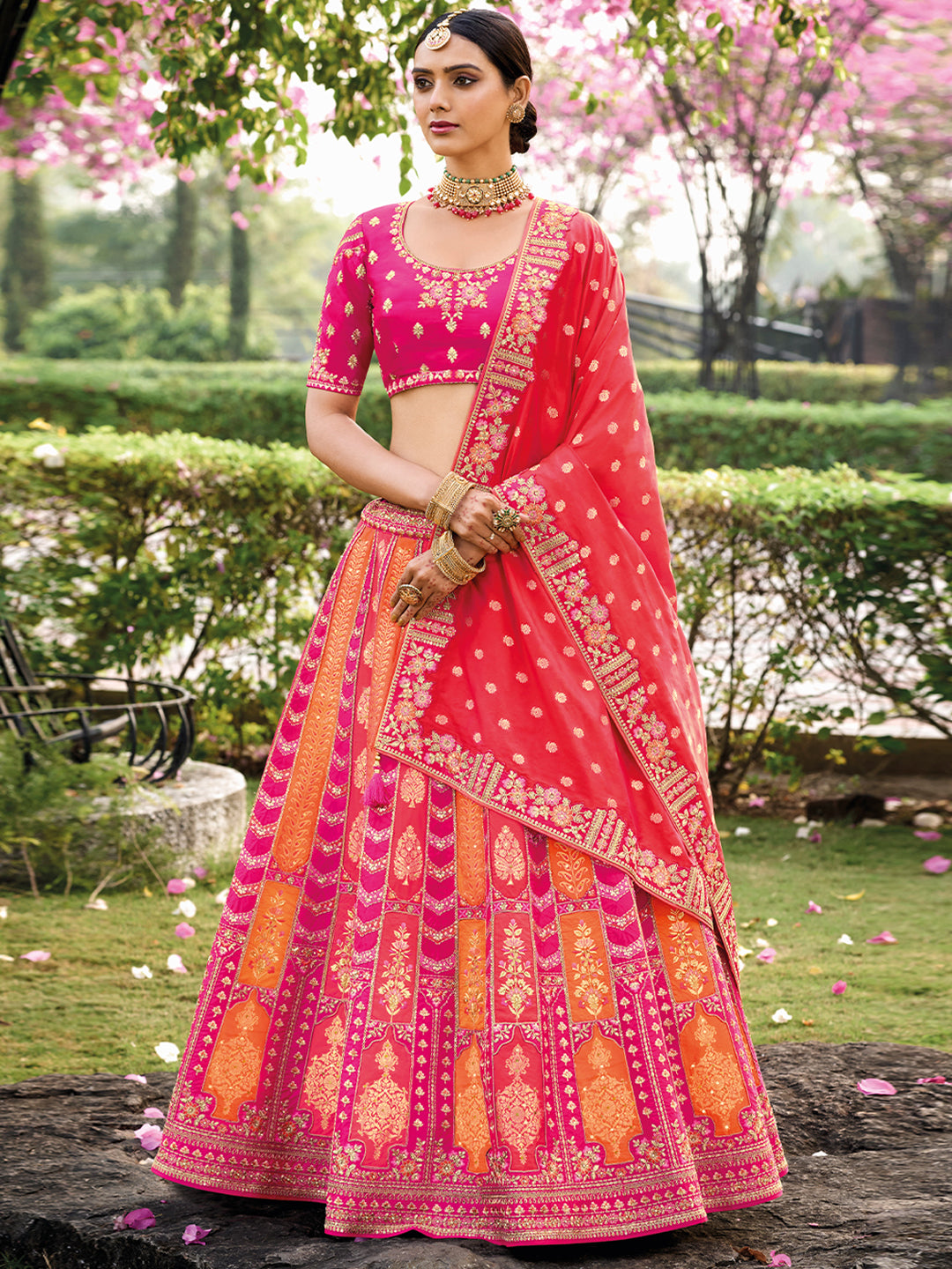 Pink-Orange Banarasi Silk Heavy Embroidered Cut Work Semi Stitched Lehenga Choli