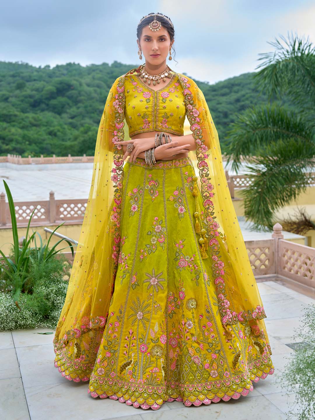 Yellow-Green Shaded Designer Embroidered Cut-Work Silk Semi Stitched Lehenga Choli