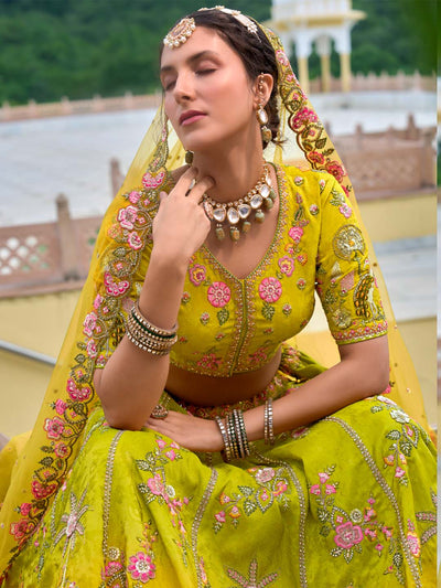 Yellow-Green Shaded Designer Embroidered Cut-Work Silk Semi Stitched Lehenga Choli