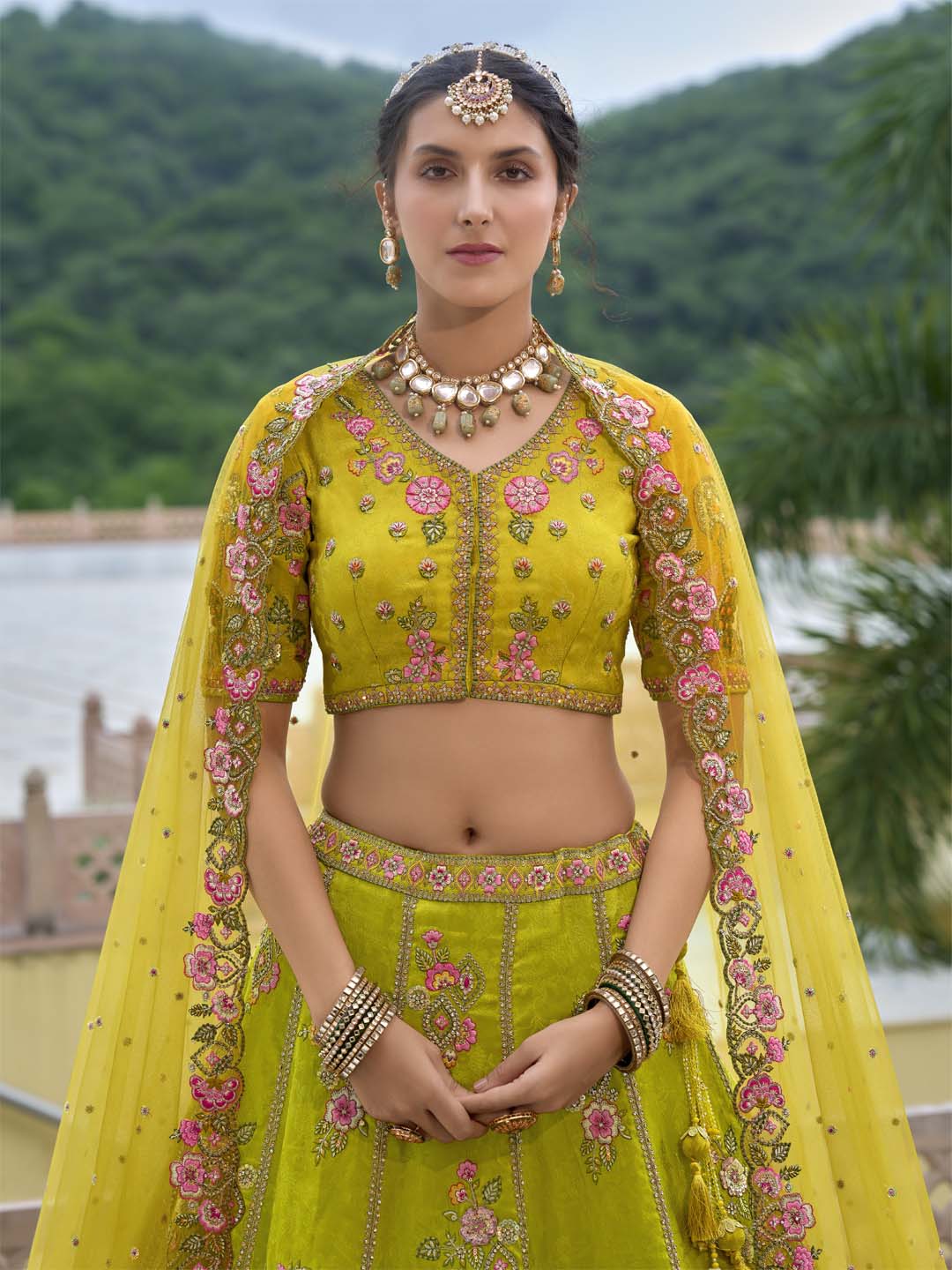 Yellow-Green Shaded Designer Embroidered Cut-Work Silk Semi Stitched Lehenga Choli