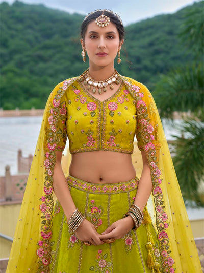 Yellow-Green Shaded Designer Embroidered Cut-Work Silk Semi Stitched Lehenga Choli