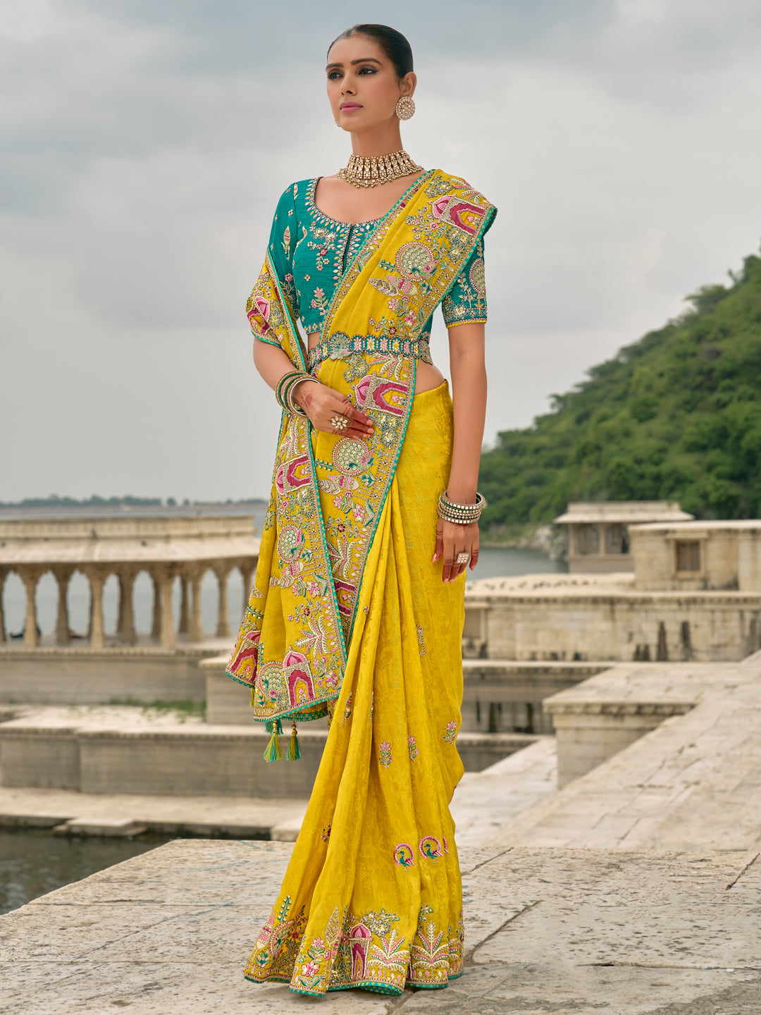 Yellow Color Banarasi Silk Embroidered with Heavy Patchwork Border Saree with Contrast Blouse