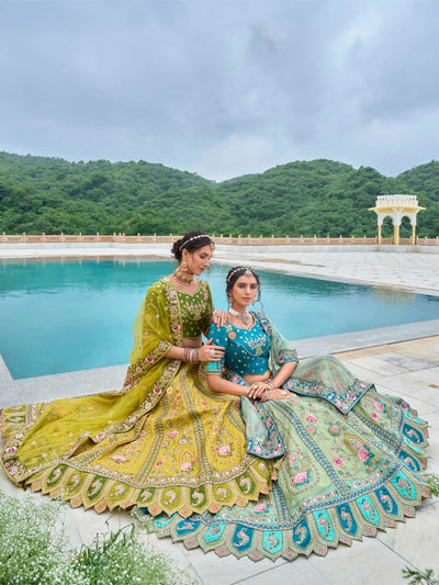 Pista-Teal Shaded Heavy Designer Embroidered Patchwork Silk Semi Stitched Lehenga Choli