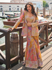 Multicolor Premium Chinon Silk Jacket Blouse and Gharara Set