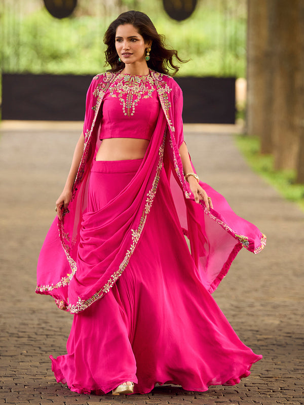 Pink Designer Party Wear Lehenga Saree with Attached Pallu with Top and Shrug House of Panchhi
