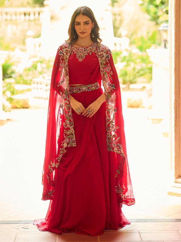 Red Designer Party Wear Lehenga Saree with Attached Pallu with Top and Shrug House of Panchhi
