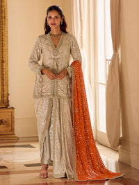 Beige and Orange Pre-Draped Cowl Pant Set with Jewel Work & Contrast Dupatta