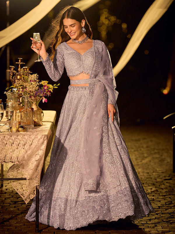 Mauve Net Embroidered with Swarovski Diamond work Semi-Stitched Lehenga Set House of Panchhi