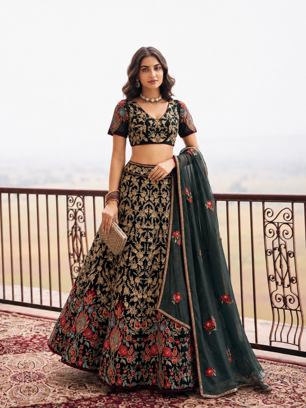 Black net Floral Embroidery Semi-Stitched Lehenga Choli House of Panchhi