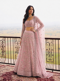 Light Pink Net Floral Embroidery Zarkan Work Semi-Stitched Lehenga Choli