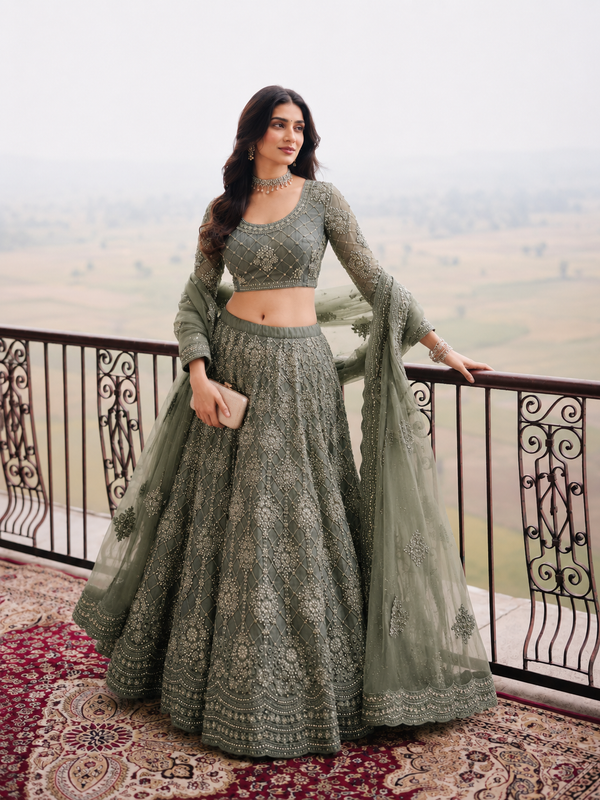 Shade of Olive Net Floral Embroidery Stone Work Semi-Stitched Lehenga Choli House of Panchhi