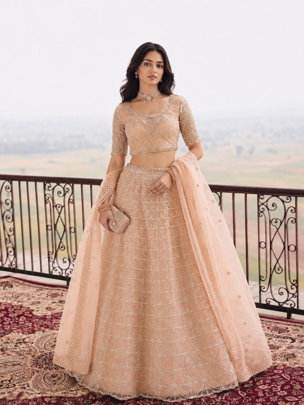 Peach Net Gota Patti zarkan Work Semi-Stitched Lehenga Choli House of Panchhi