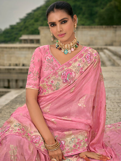 Pink Color Banarasi Silk Sequin Embroidered with Heavy Patchwork Border Saree