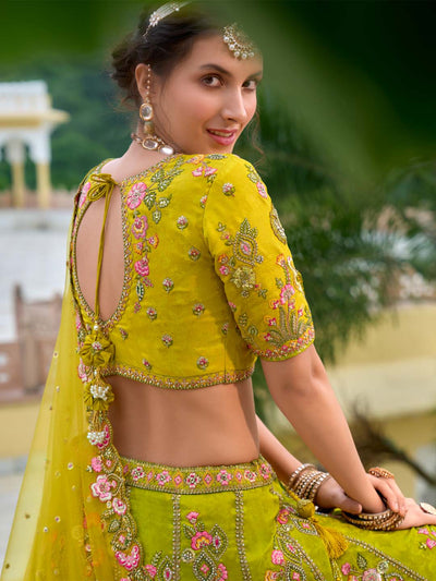 Yellow-Green Shaded Designer Embroidered Cut-Work Silk Semi Stitched Lehenga Choli