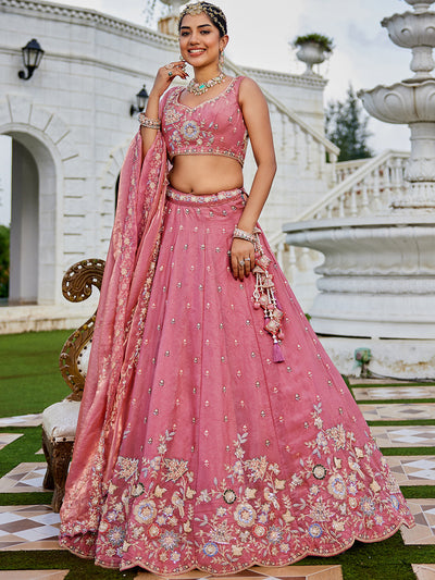 Tissue Fabric Beads & Sequince Embroidered Ready to Wear Lehenga Choli & Dupatta houseofpanchhi