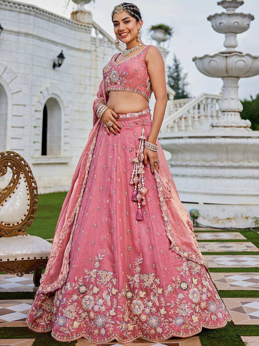 Tissue Fabric Beads & Sequince Embroidered Ready to Wear Lehenga Choli & Dupatta houseofpanchhi