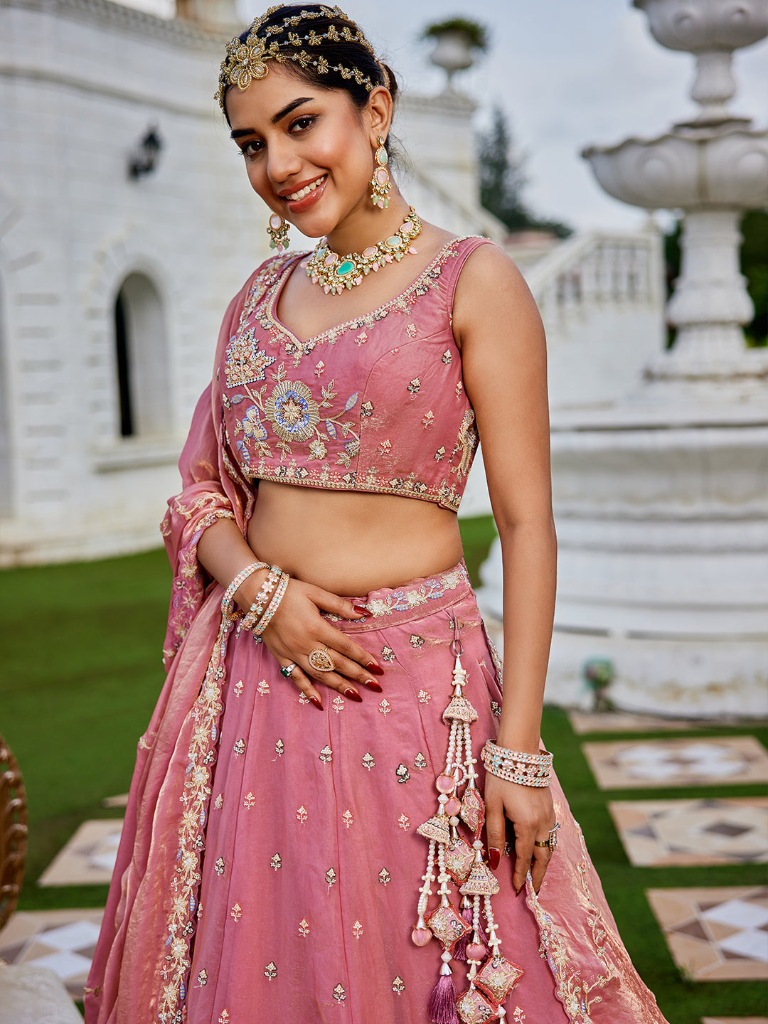 Tissue Fabric Beads & Sequince Embroidered Ready to Wear Lehenga Choli & Dupatta houseofpanchhi
