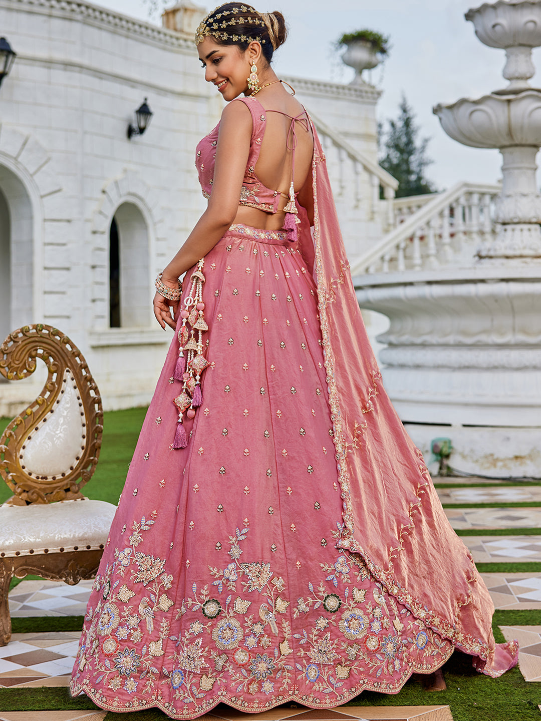 Tissue Fabric Beads & Sequince Embroidered Ready to Wear Lehenga Choli & Dupatta houseofpanchhi