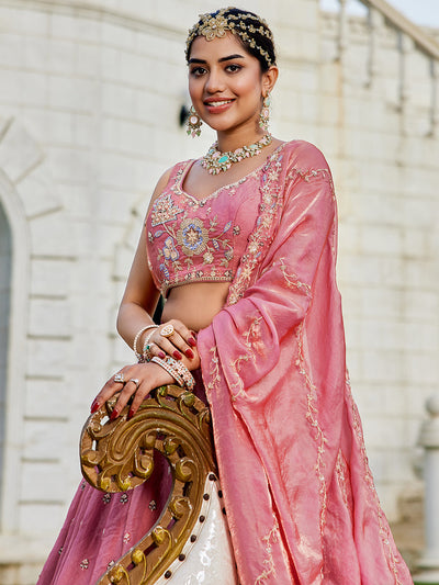 Tissue Fabric Beads & Sequince Embroidered Ready to Wear Lehenga Choli & Dupatta houseofpanchhi