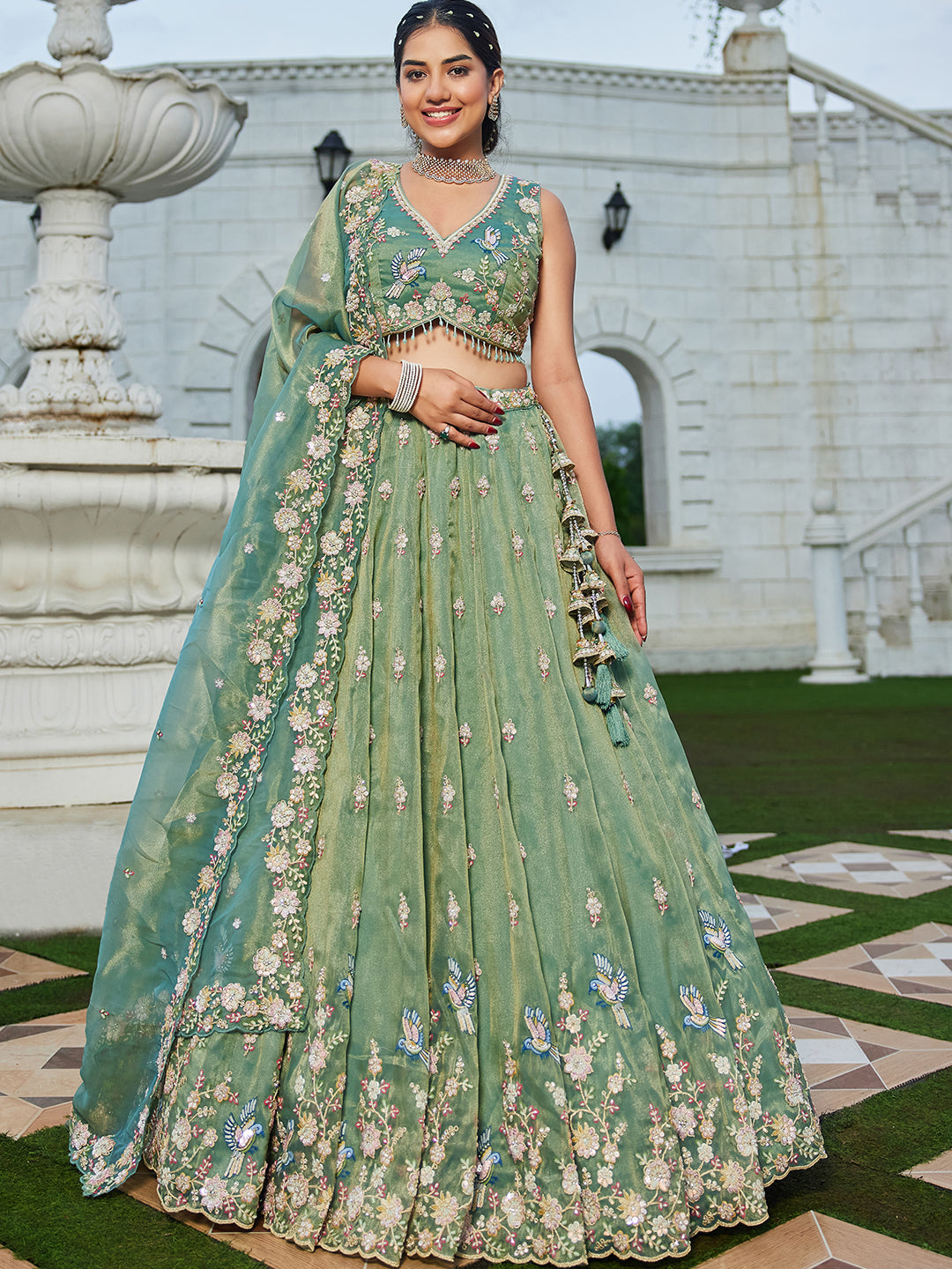 Tissue Fabric Beads & Sequince Embroidered Ready to Wear Lehenga Choli & Dupatta houseofpanchhi