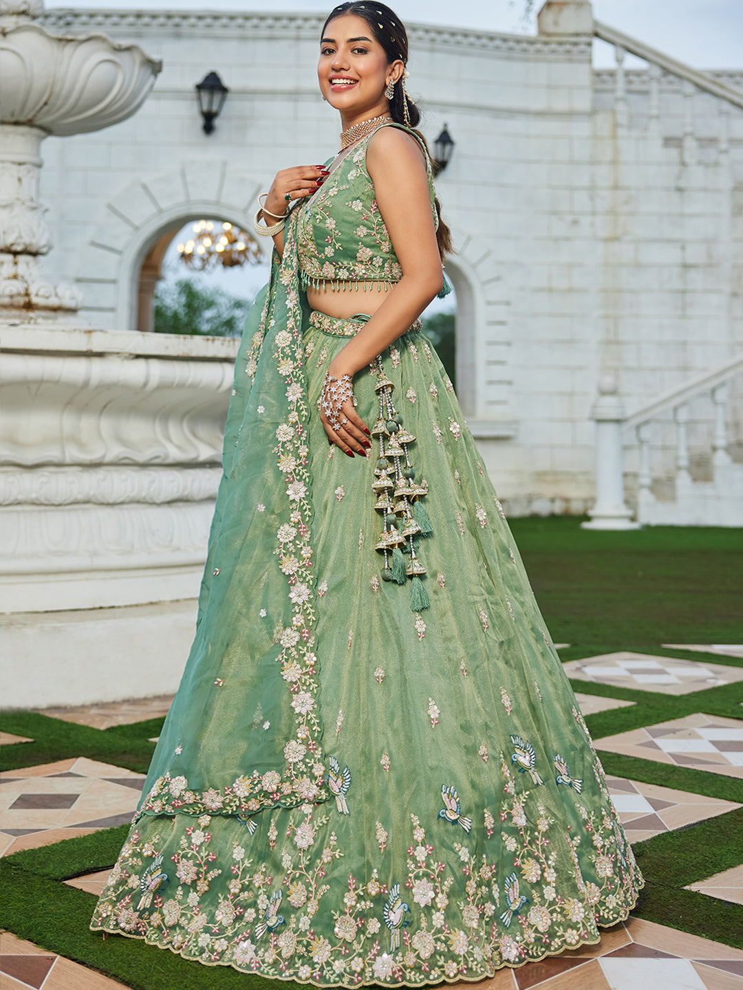 Tissue Fabric Beads & Sequince Embroidered Ready to Wear Lehenga Choli & Dupatta houseofpanchhi