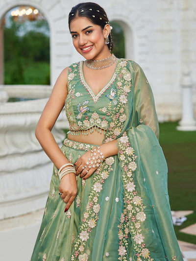 Tissue Fabric Beads & Sequince Embroidered Ready to Wear Lehenga Choli & Dupatta houseofpanchhi