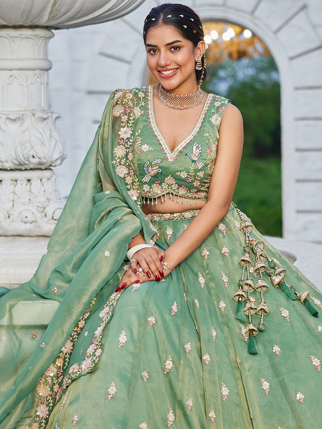 Tissue Fabric Beads & Sequince Embroidered Ready to Wear Lehenga Choli & Dupatta houseofpanchhi