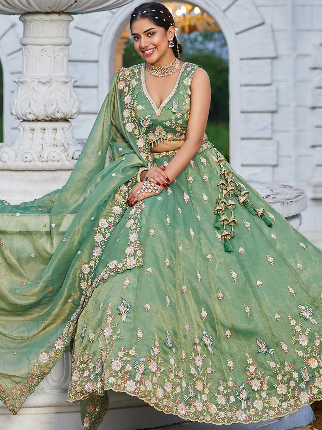 Tissue Fabric Beads & Sequince Embroidered Ready to Wear Lehenga Choli & Dupatta houseofpanchhi