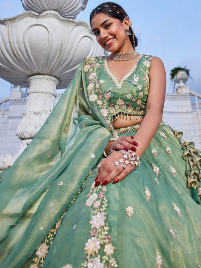 Tissue Fabric Beads & Sequince Embroidered Ready to Wear Lehenga Choli & Dupatta houseofpanchhi