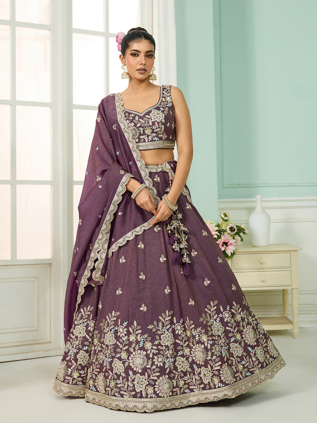 Tissue Fabric Sequins embroidery Semi-Stitched Lehenga & Unstitched Blouse With Dupatta houseofpanchhi