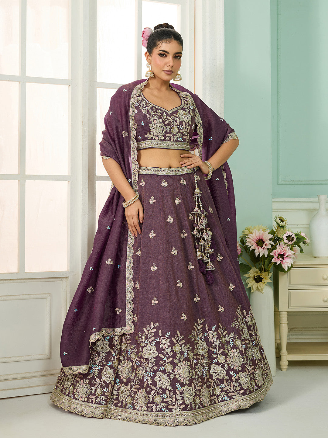 Tissue Fabric Sequins embroidery Semi-Stitched Lehenga & Unstitched Blouse With Dupatta houseofpanchhi