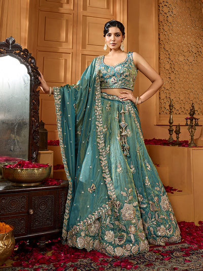 Orange- Tissue Fabric Sequinse embroidery Semi-Stitched Lehenga & Unstitched Blouse With Dupatta houseofpanchhi