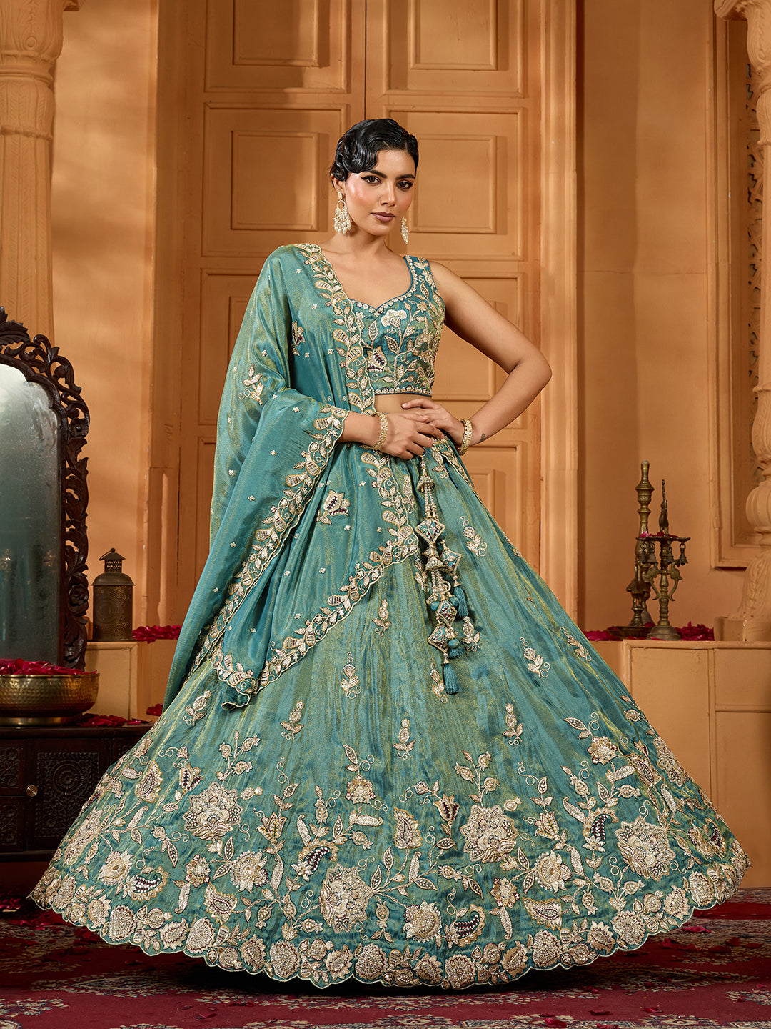 Orange- Tissue Fabric Sequinse embroidery Semi-Stitched Lehenga & Unstitched Blouse With Dupatta houseofpanchhi