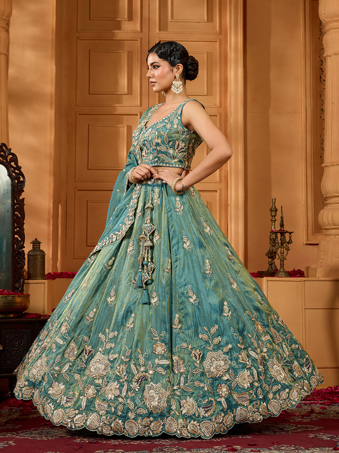Orange- Tissue Fabric Sequinse embroidery Semi-Stitched Lehenga & Unstitched Blouse With Dupatta houseofpanchhi