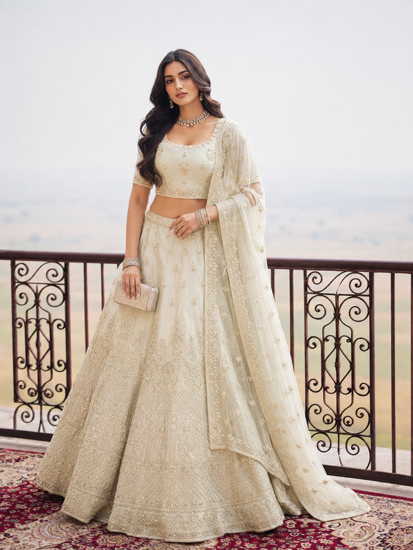 Cream Net Embroidery Stone Work Semi-Stitched Lehenga Choli House of Panchhi