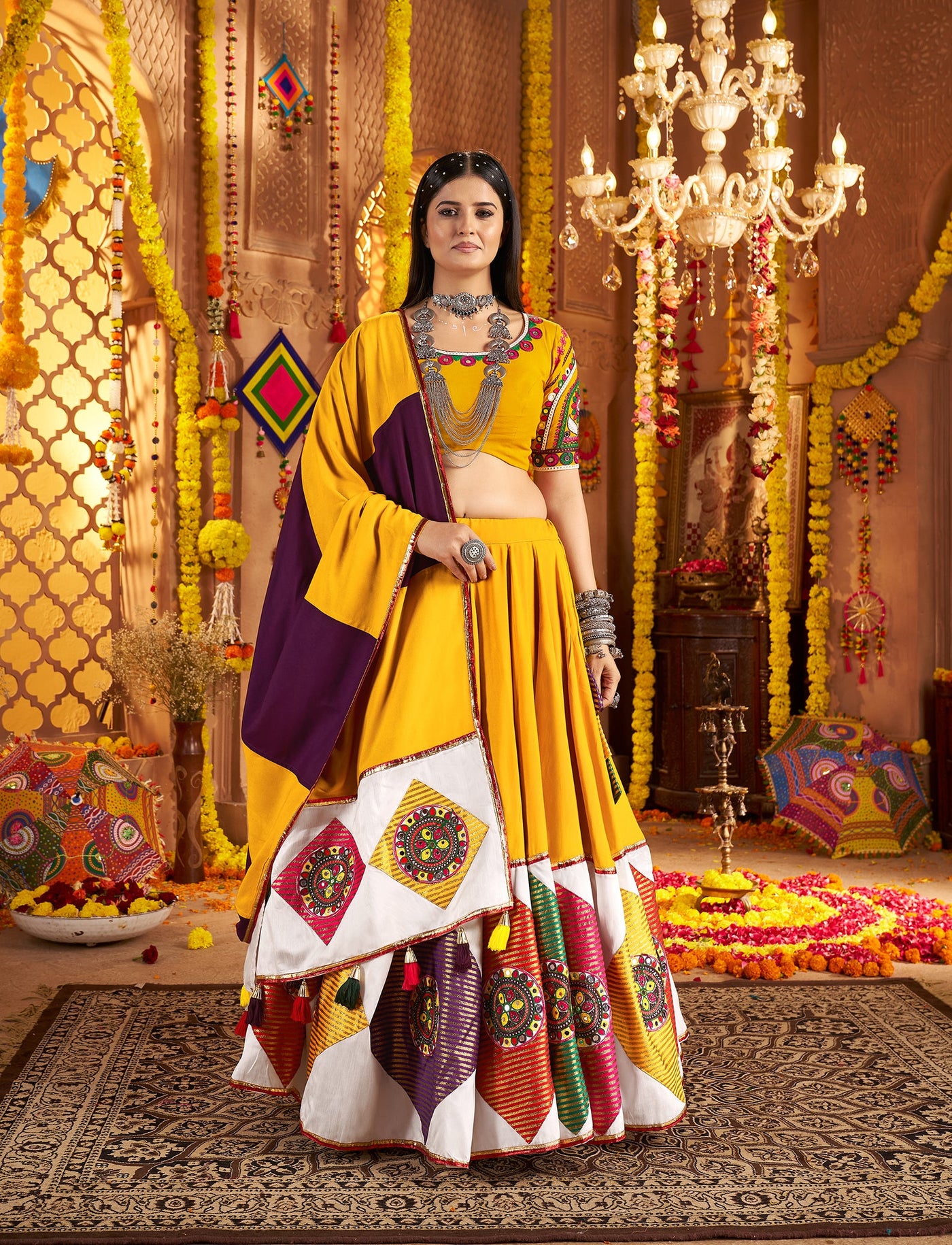 Viscose cotton thread embroidered with jacquard patch work lehenga choli houseofpanchhi