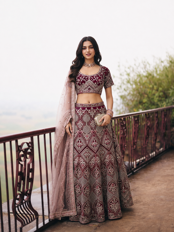Burgundy Net Embroidery Sequence and zarkan Work Semi-Stitched Lehenga Choli House of Panchhi