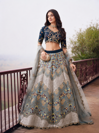 Navy Blue Net Embroidery zarkan Work Semi-Stitched Lehenga Choli