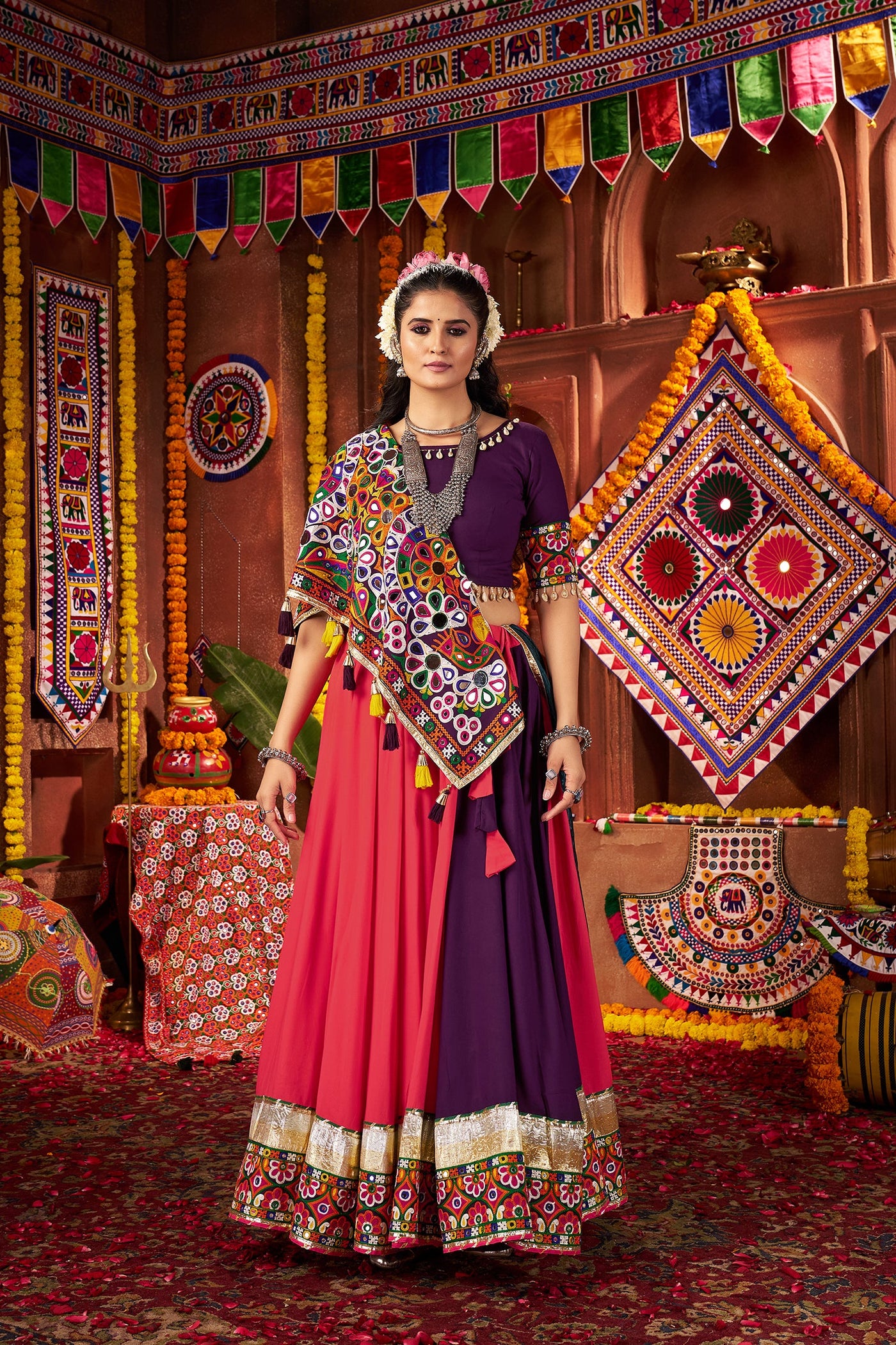 Navratri Designer Viscose Cotton thread embroidered with jacquard patch work lehenga choli (Copy) houseofpanchhi