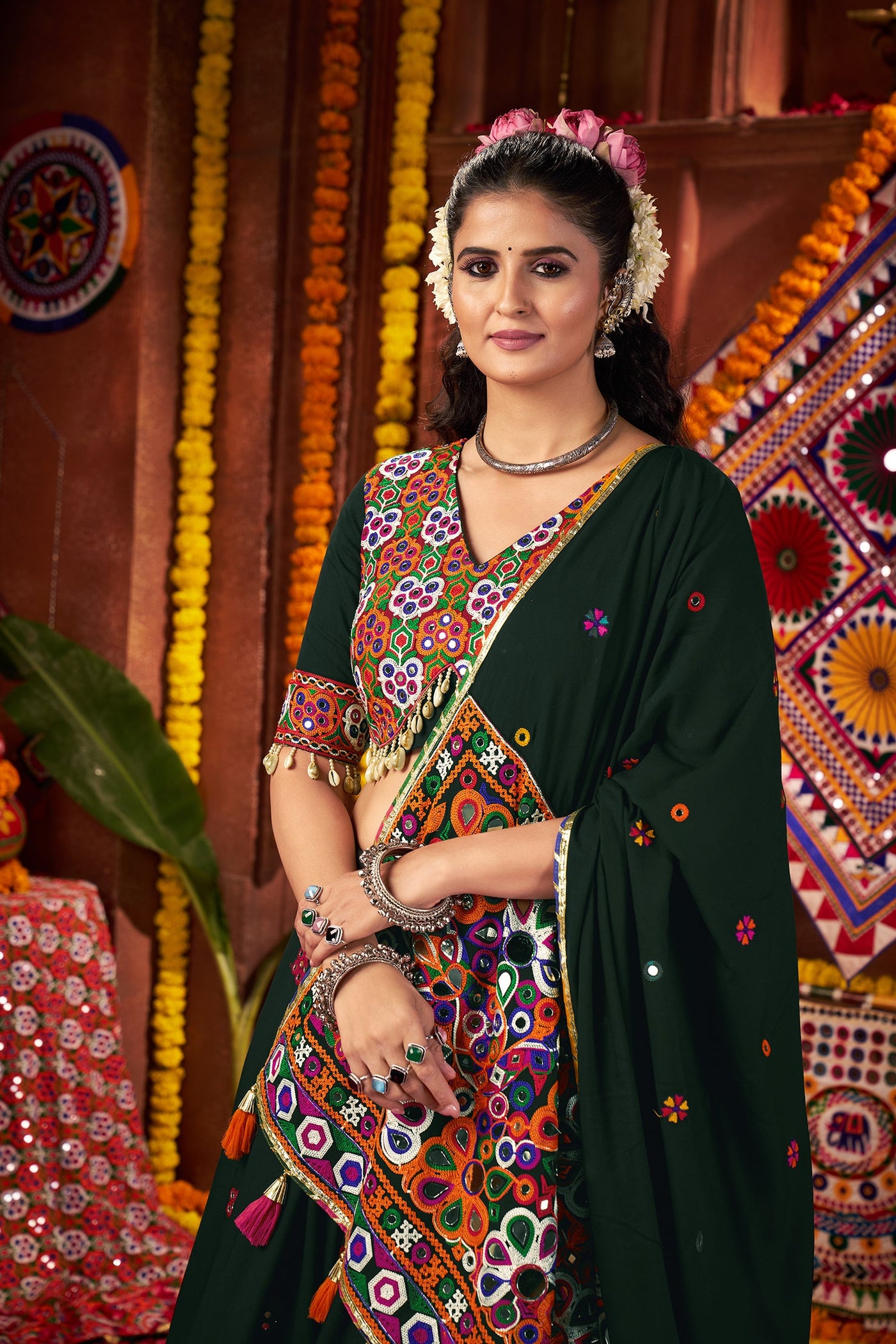 Teal colour Navratri Designer Viscose Cotton with jacquard patch work lehenga choli houseofpanchhi