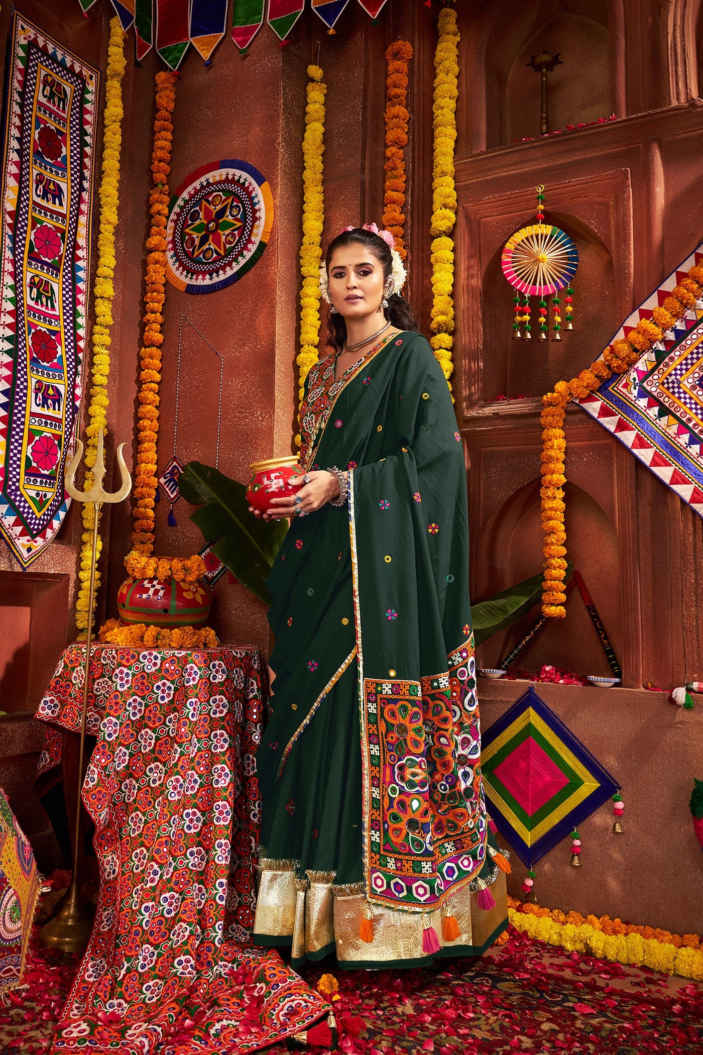 Teal colour Navratri Designer Viscose Cotton with jacquard patch work lehenga choli houseofpanchhi