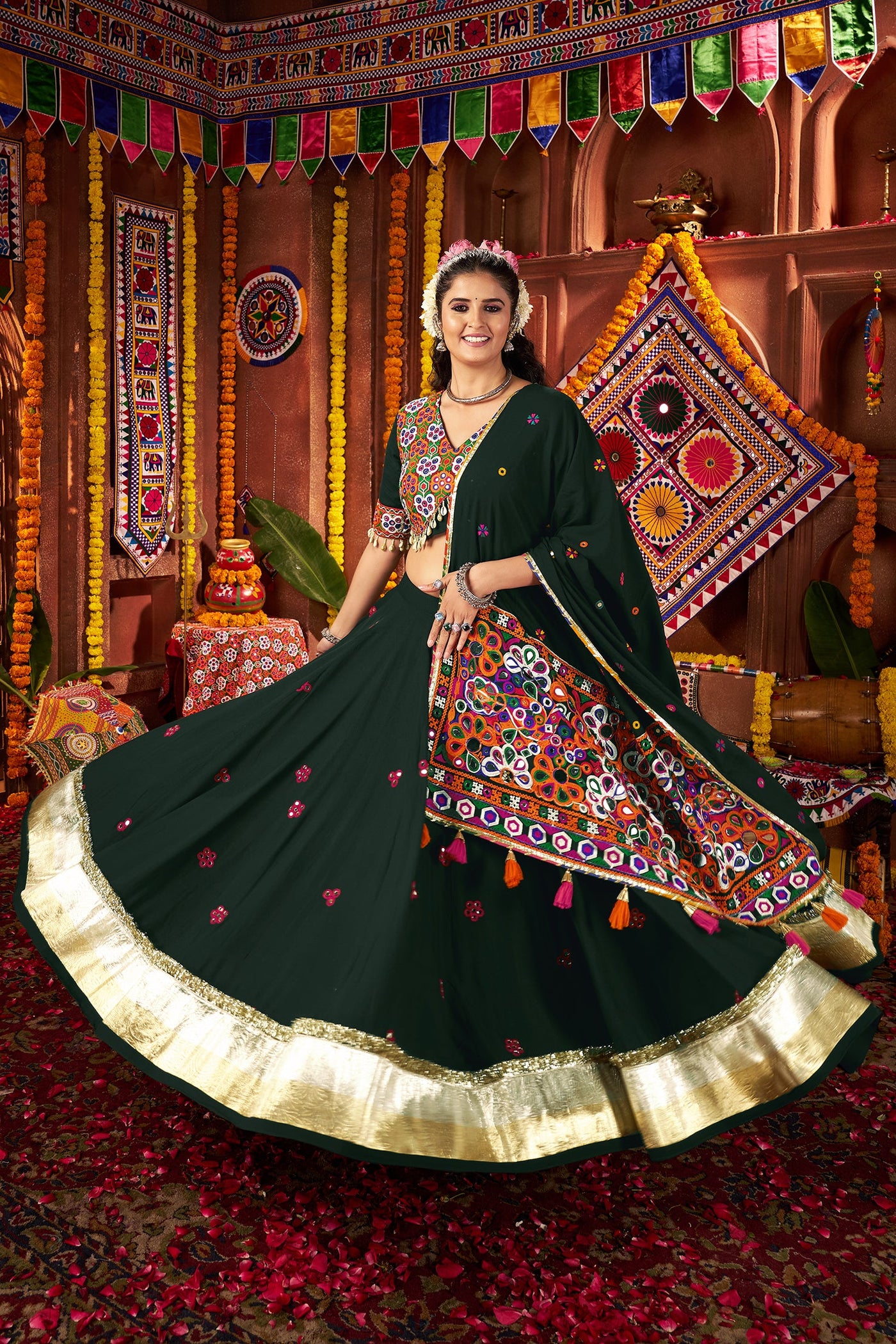Teal colour Navratri Designer Viscose Cotton with jacquard patch work lehenga choli houseofpanchhi