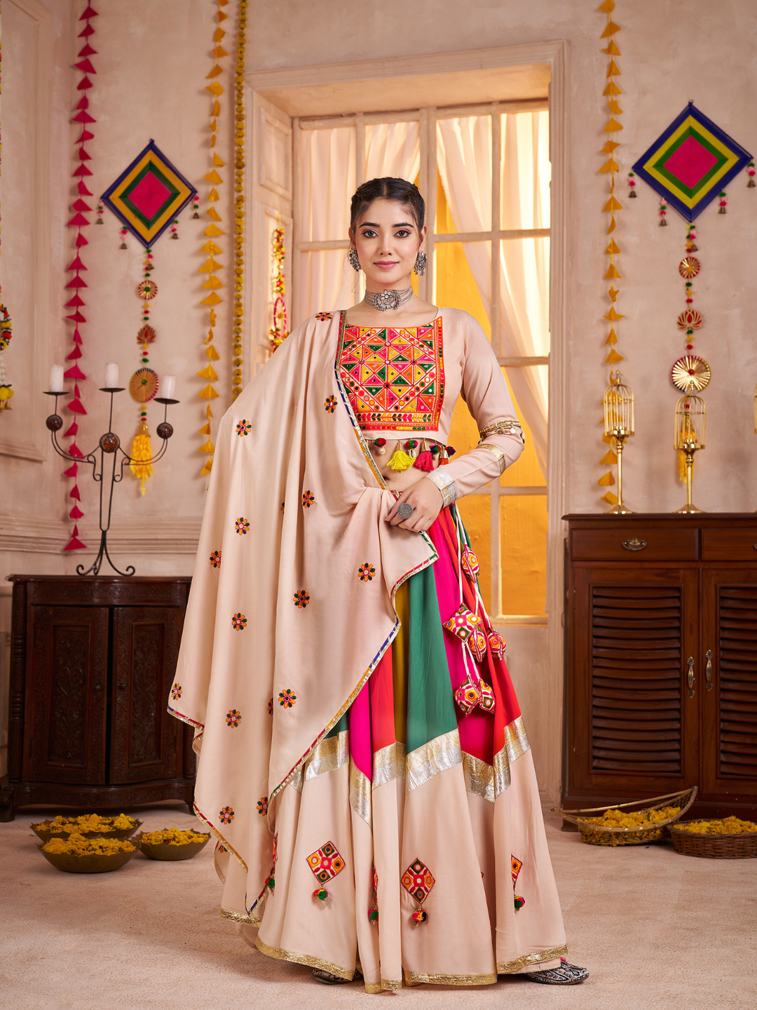 Multi Colour Viscose Cotton Ready To Wear Navratri Lehenga Choli with Dupatta houseofpanchhi