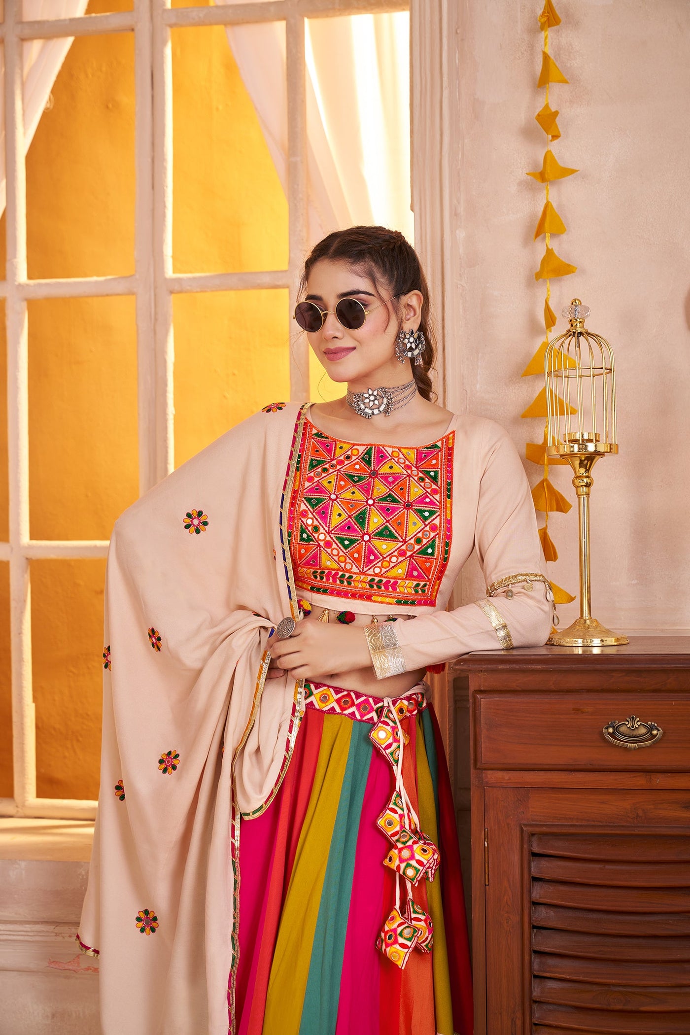Viscose cotton thread embroidered with jacquard patch work Ready to wear lehenga choli. (Copy) houseofpanchhi