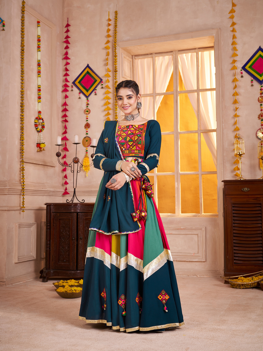 Multi Colour Viscose Cotton Ready To Wear Navratri Lehenga Choli with Dupatta houseofpanchhi