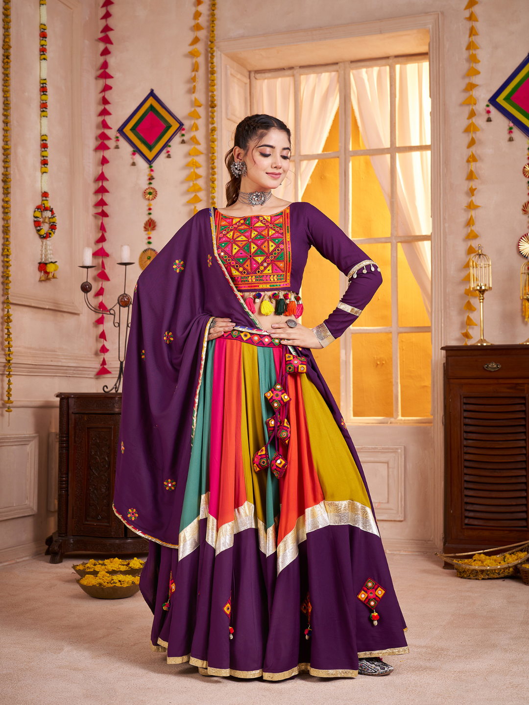 Multi Colour Viscose Cotton Ready To Wear Navratri Lehenga Choli with Dupatta houseofpanchhi