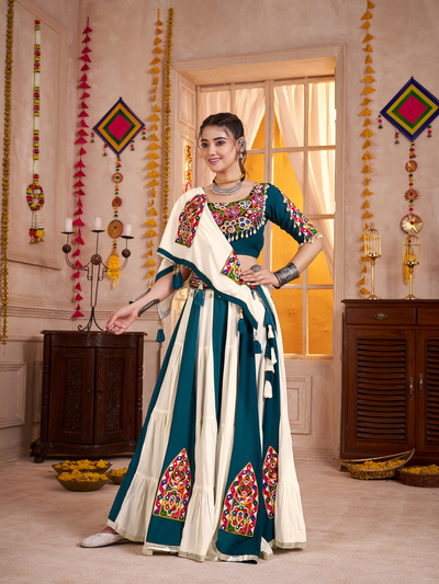 White and Teal Navratri Designer Kutchi work Ready To Wear Lehenga Choli houseofpanchhi